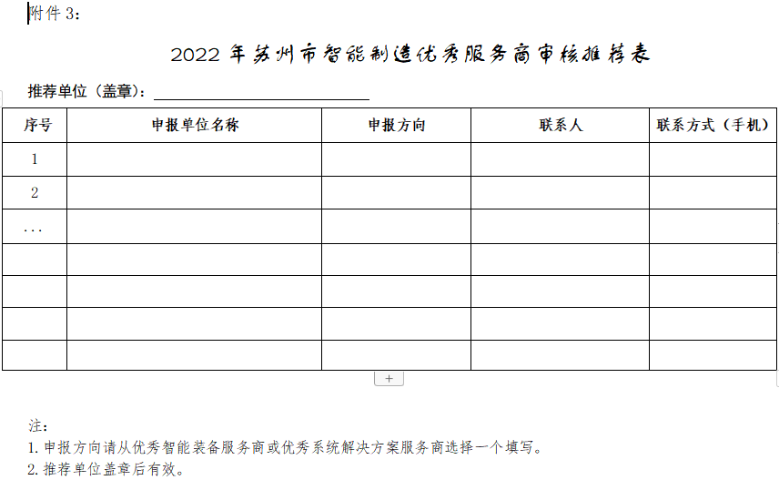 2022年苏州市智能制造优秀服务商审核推荐表