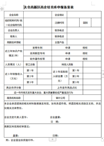 太仓高新区高企培育库申报备案表